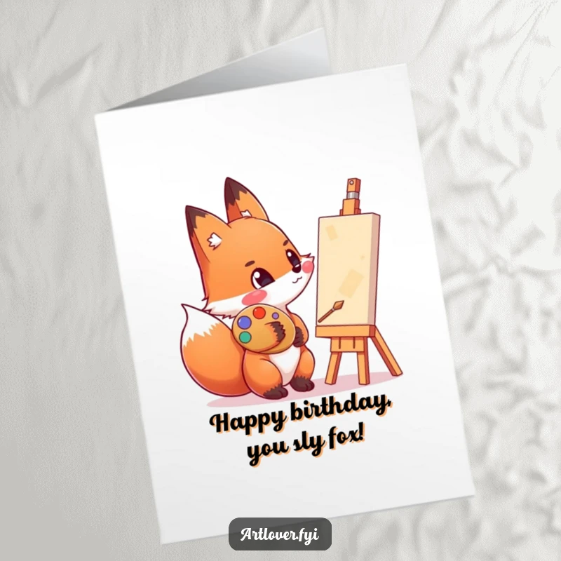 Funny Free Printable Birthday Card: An enthusiastic fox with a paint-smeared cheek admires its canvas with artistic delight.