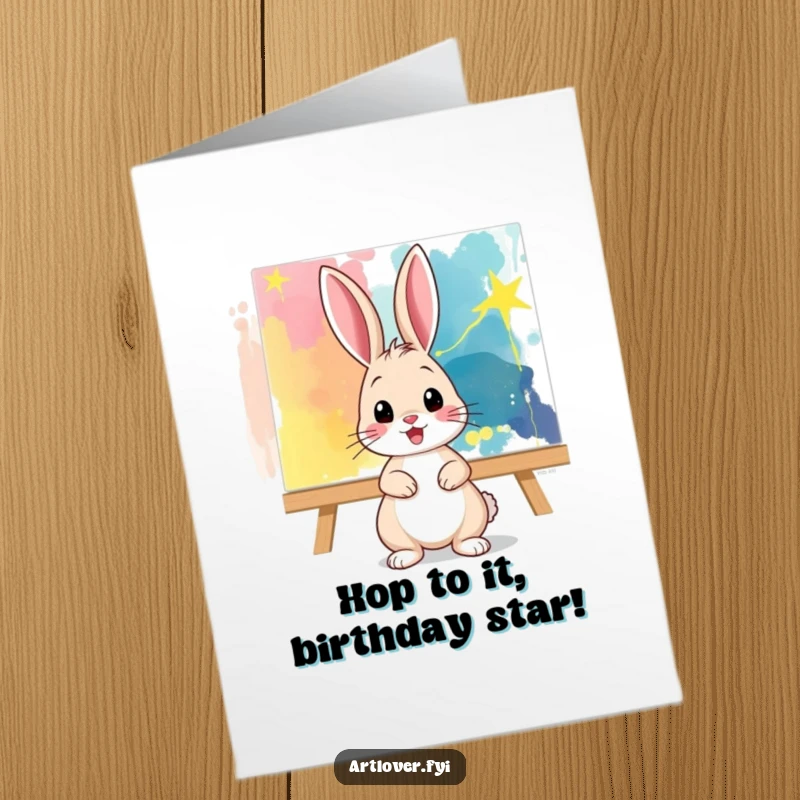 Funny Free Printable Birthday Card: Playful bunny artist strikes a pose in front of a vibrant abstract canvas.