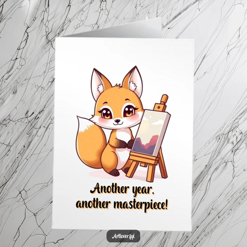 Funny Free Printable Birthday Card: Curious fox with bright eyes marveling at a finished masterpiece, a unique birthday card.