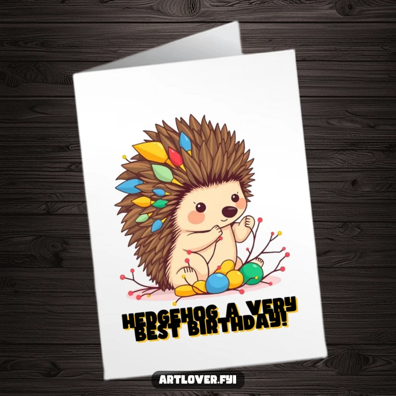 Funny Free Printable Birthday Card: Adorable hedgehog artist meticulously builds a colorful twig sculpture for a birthday surprise.