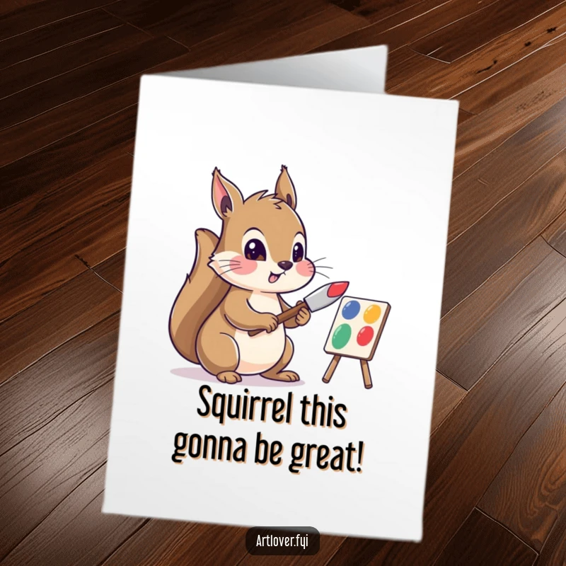 Funny Free Printable Birthday Card: Squirrel artist gleefully mixes paint with a palette knife, ready for a birthday celebration.