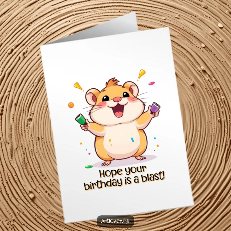 Funny Free Printable Birthday Card with an excited hamster character skillfully juggling colorful paint tubes.