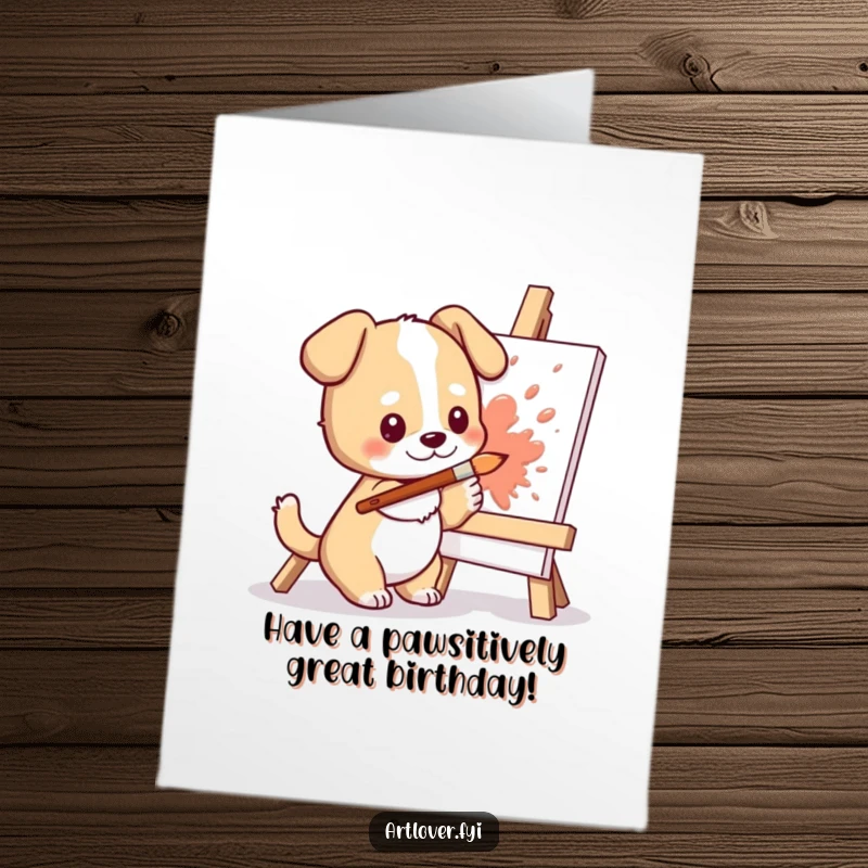 Funny Free Printable Birthday Card: Cute dog character joyfully splashing vibrant paint with a brush onto a canvas, celebrating a birthday.