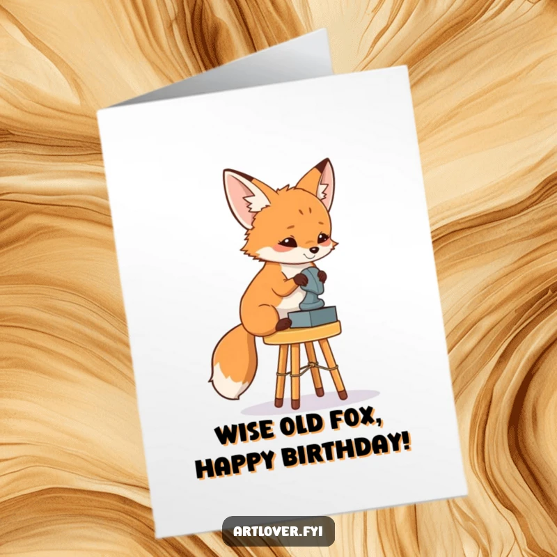 Funny Free Printable Fox Art Critic Birthday Card: A fox on a stool intently observing a sculpture with a critical eye.
