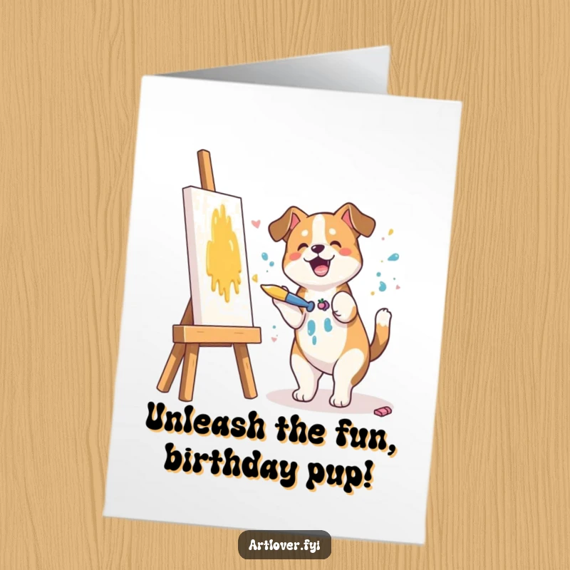 Funny Free Printable Birthday Card: A happy dog splattering paint joyfully onto a canvas with a paintbrush.