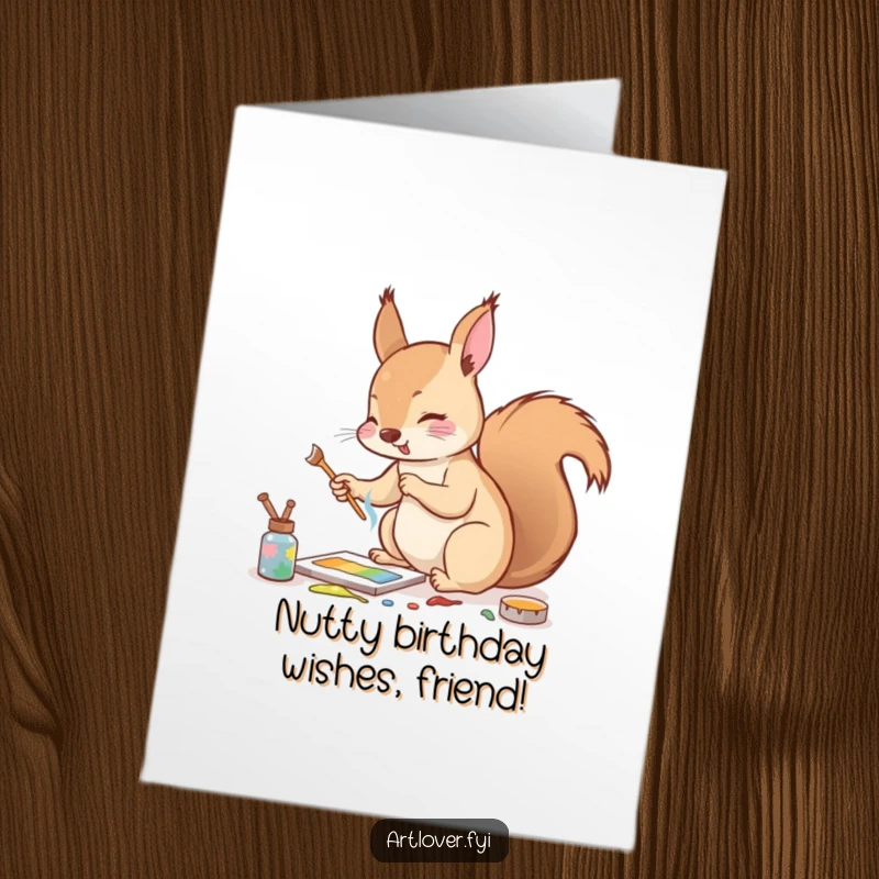 Funny Free Printable Birthday Card: A squirrel enthusiastically mixing colorful paints using a small twig as a brush.