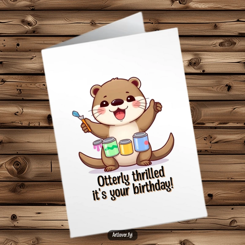 Funny Free Printable Birthday Card featuring a delighted otter artist precariously balancing colorful paint cans.
