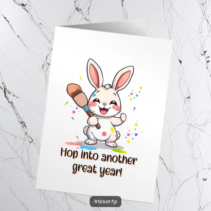 Funny Free Printable Birthday Card: Joyful rabbit character enthusiastically splattering bright colors with a large paintbrush, celebrating a birthday.