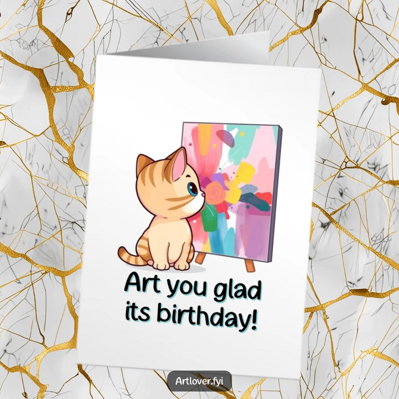 Funny Free Printable Birthday Card: Curious cat intensely studying a vibrant abstract painting, bringing artistic humor to your greeting.