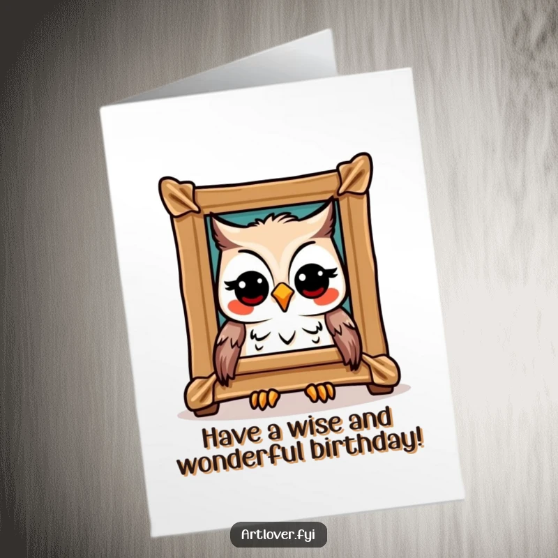 Funny Free Printable Owl Card - A joyful owl with wide eyes admiring a framed masterpiece, wishing a happy birthday.