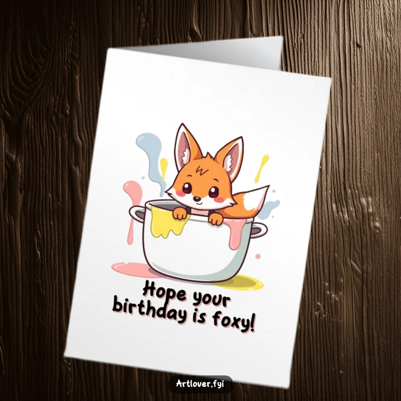 Funny Free Printable Birthday Card: Curious fox character peeking its head out from inside a giant, overflowing pot of colorful paint.