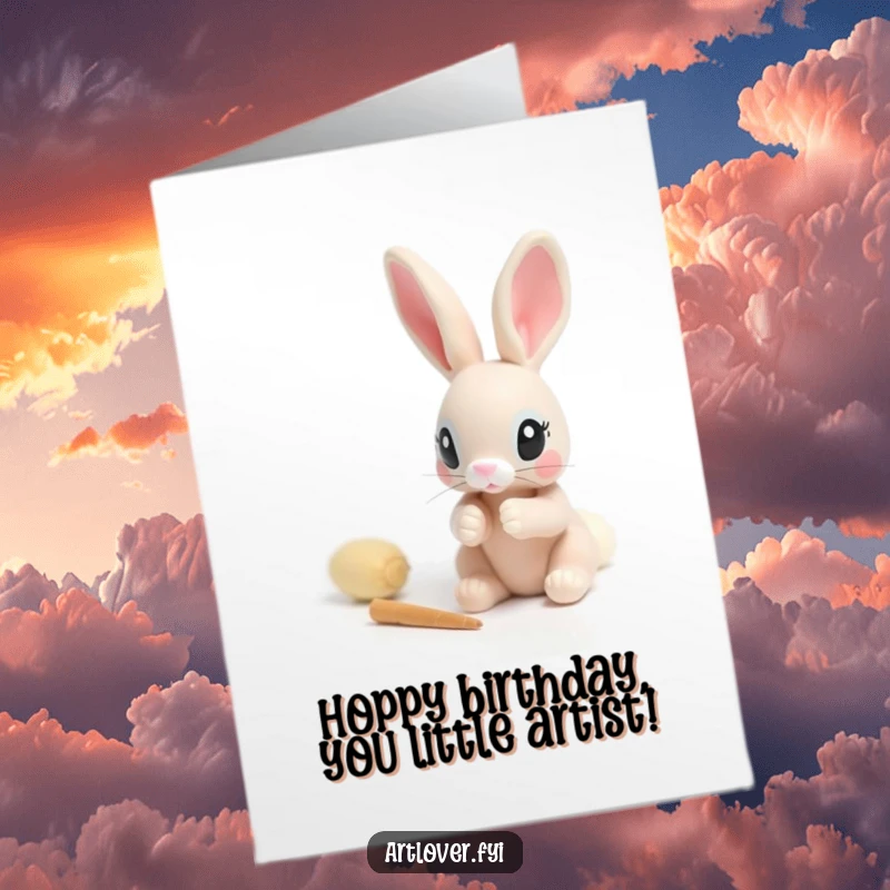 Funny Free Printable Birthday Card: A rabbit with intense focus sculpting a tiny clay figure with its paws.