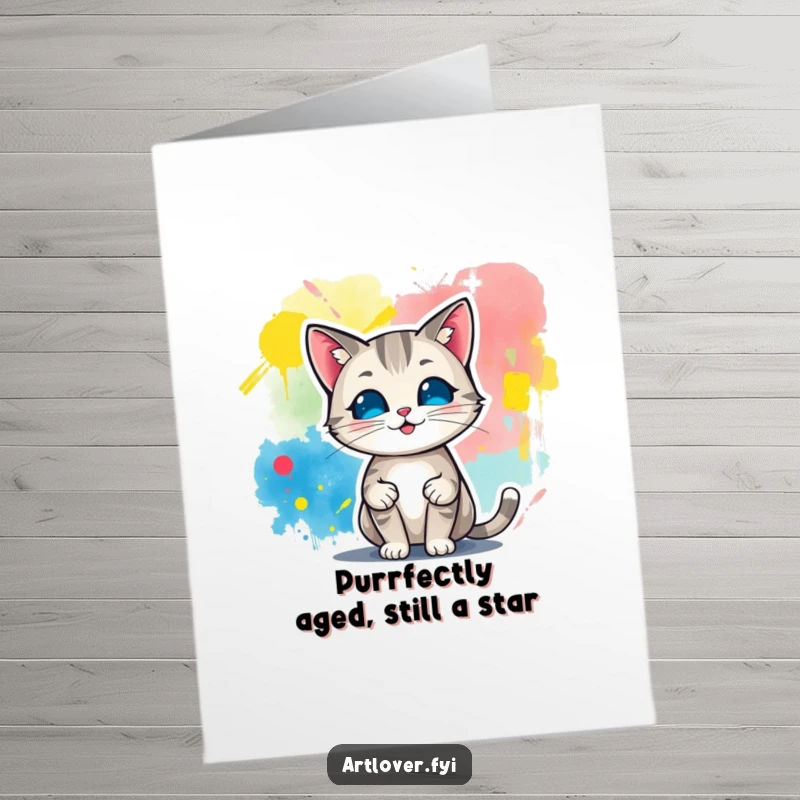 Funny Free Printable Birthday Card featuring a proud cat artist showcasing a vibrant, abstract masterpiece it created.