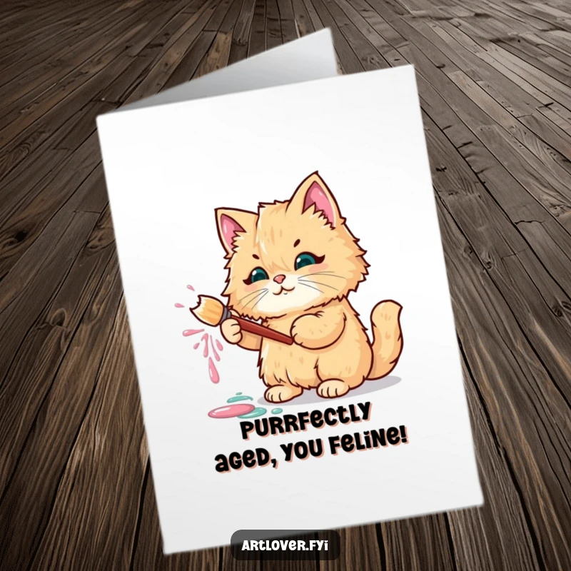 Funny Free Printable Birthday Card of a fluffy cat artist, gleefully splattering paint while holding a paintbrush.