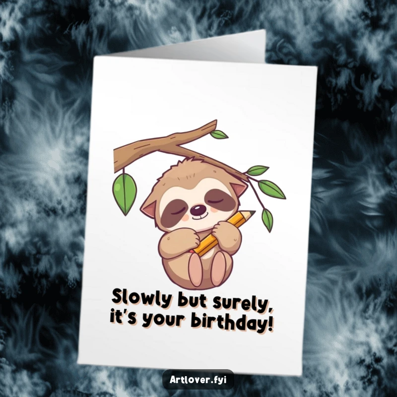 Funny Free Printable Birthday Card: Sleepy sloth hanging from a branch, holding a pencil, ready to wish a slow and happy birthday.