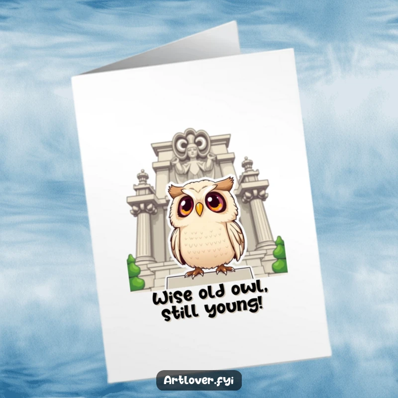 Funny Free Printable Birthday Card: Surprised owl with huge eyes looking up at a majestic statue, celebrating birthdays with wonder.