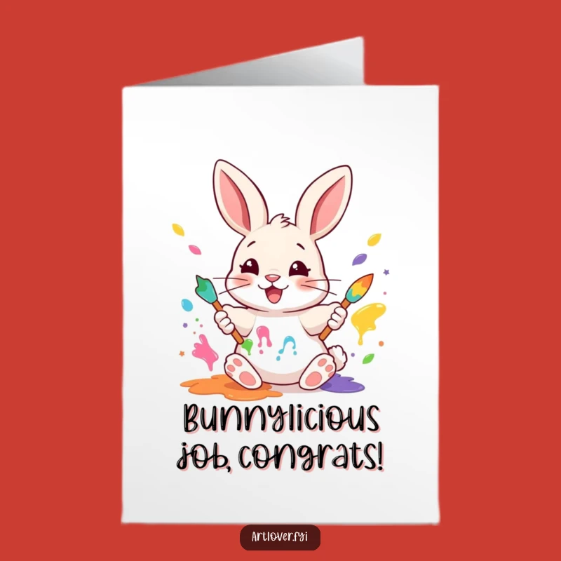 Free Printable Rabbit Painter Congratulations Card: Funny Colorful Paws Downloadable Gift