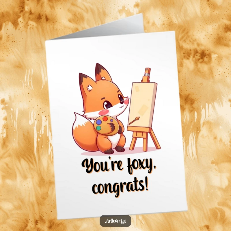 Funny Free Printable Congratulations Card: An excited fox with palette marks on its cheek gazes proudly at a canvas.