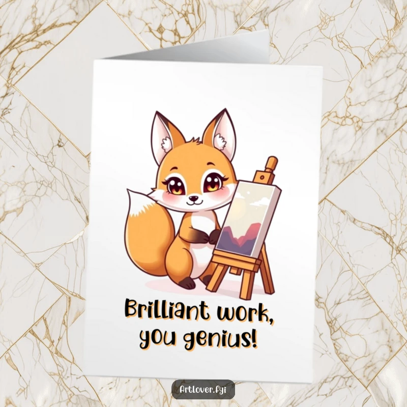 Funny Free Printable Congrats Card: Curious fox with bright eyes admiring a completed artwork, a congratulations card with a smile.