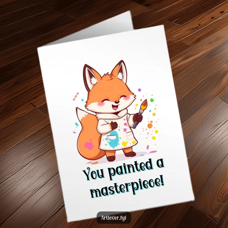 Funny Free Printable Congratulations Card: A cute fox artist wearing a smock, gleefully creating with colorful paint splatters, downloadable art.