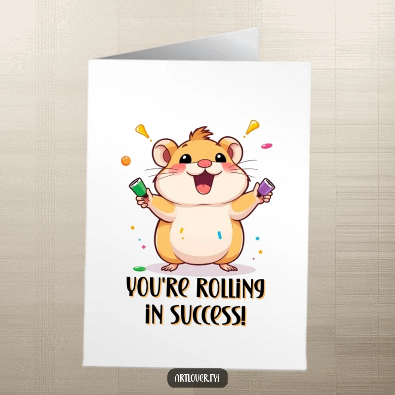 Vibrant Free Printable Congratulations Card featuring an excited hamster juggling multiple colorful paint tubes.