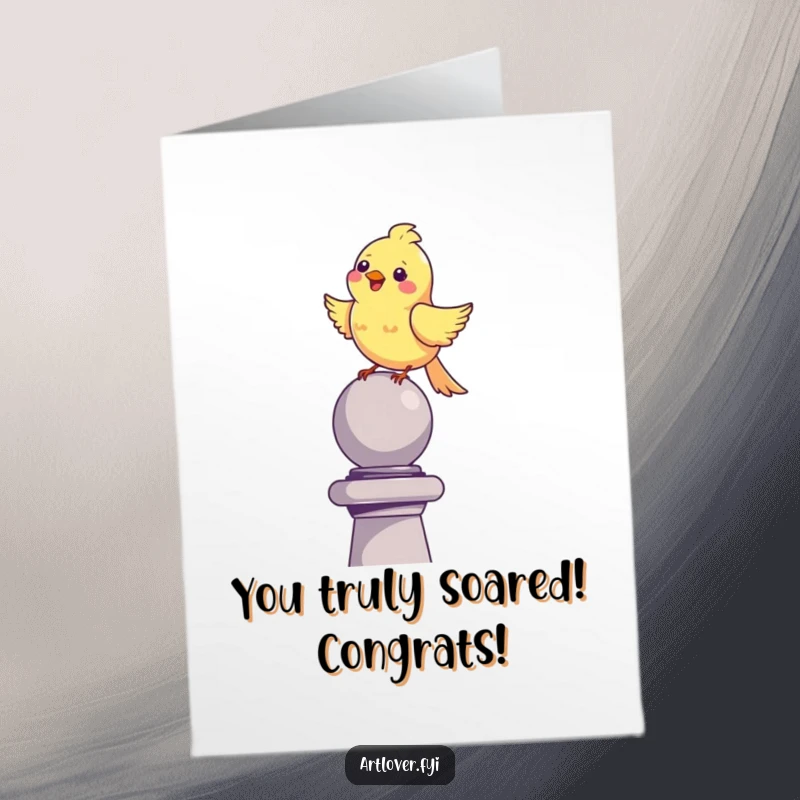 Funny Free Printable Congratulations Card: Happy bird perched on a sculpture, singing merrily to congratulate someone's success.
