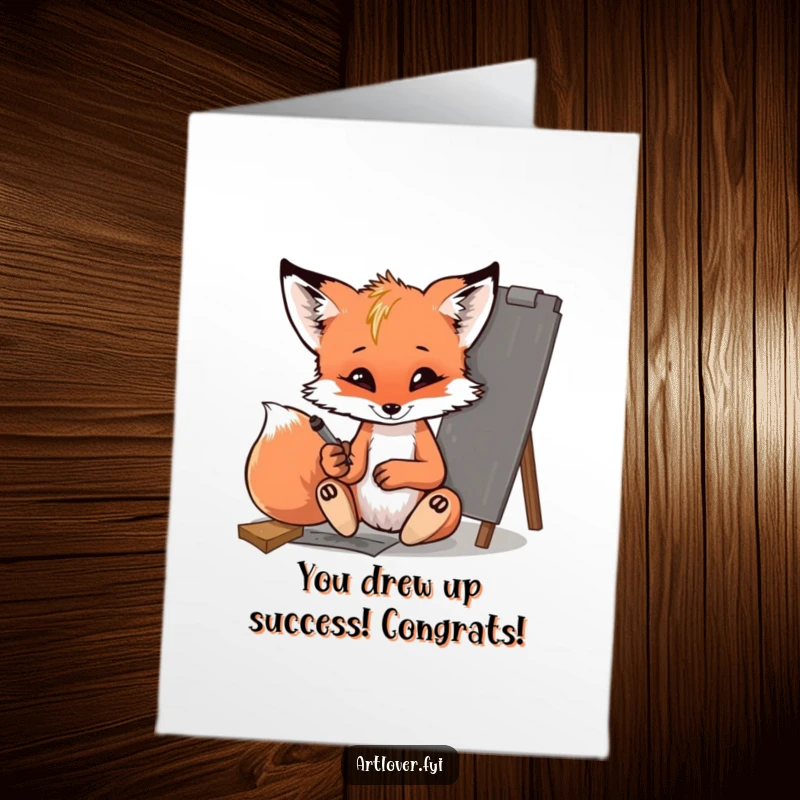 Funny Free Printable Congratulations Card: Playful fox cub artist creating charcoal art, perfect for celebrating achievements with humor.