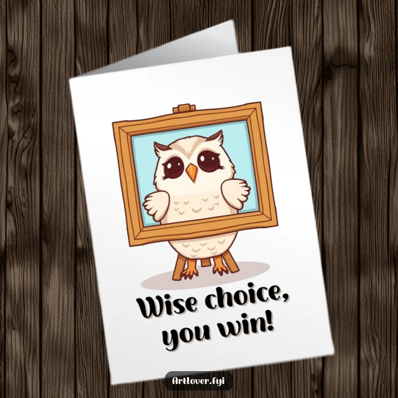 Elegant Free Printable Congratulations Card featuring a delighted owl admiring a framed piece of art.