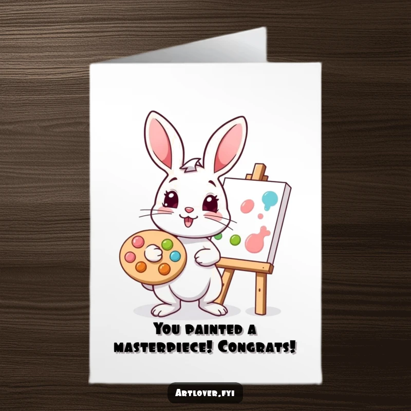 Funny Free Printable Congratulations Card: Playful rabbit artist dabs paint on canvas, making congratulations creative and humorous.