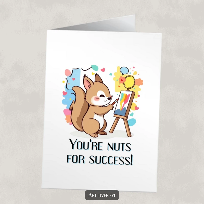 Funny Free Printable Congratulations Card of a playful squirrel artist, creating a beautiful mural to mark an achievement.