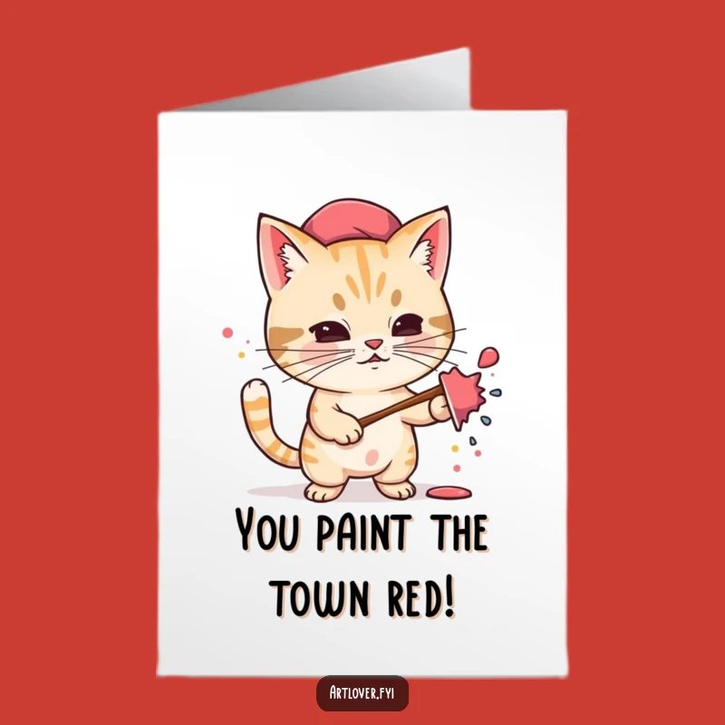 Free Printable Congrats Card: Whimsical Cat Artist Splattering Paint, DIY Celebration Download