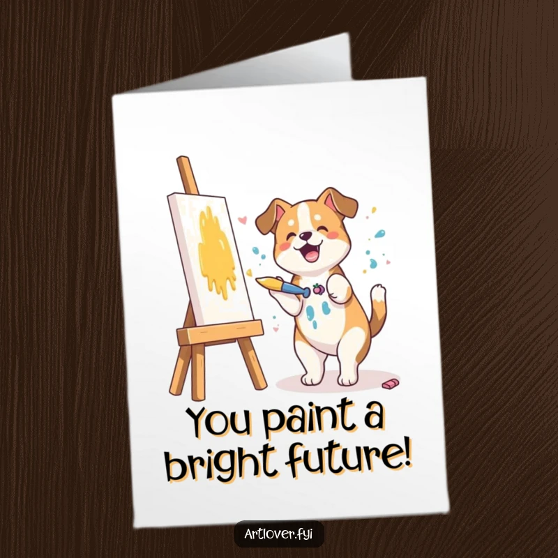 Free Printable Congratulations Card: A cheerful dog gleefully splashing paint on a canvas, celebrating a big win.