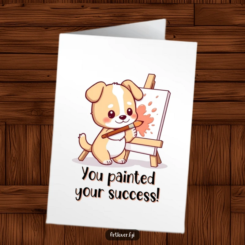 Funny Free Printable Congratulations Card: Cute dog character energetically splashing paint on a canvas, celebrating an achievement with artistic flair.