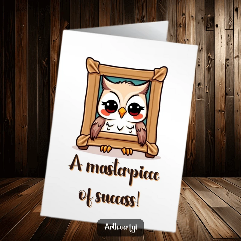 Funny Free Printable Owl Card - An owl thoughtfully admiring a framed work of art, celebrating a significant accomplishment.