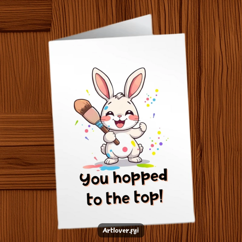 Funny Free Printable Congratulations Card: Joyful rabbit character splattering bright paint from a paintbrush, celebrating a significant accomplishment.
