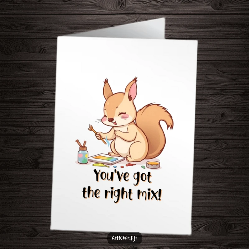 Free Printable Congratulations Card: An energetic squirrel enthusiastically mixing paints with a twig, celebrating a big win.