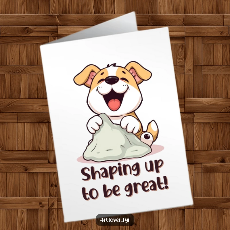 Funny Free Printable Dog Sculptor Congratulations Card: A proud dog celebrates its newly sculpted clay creation with enthusiasm.