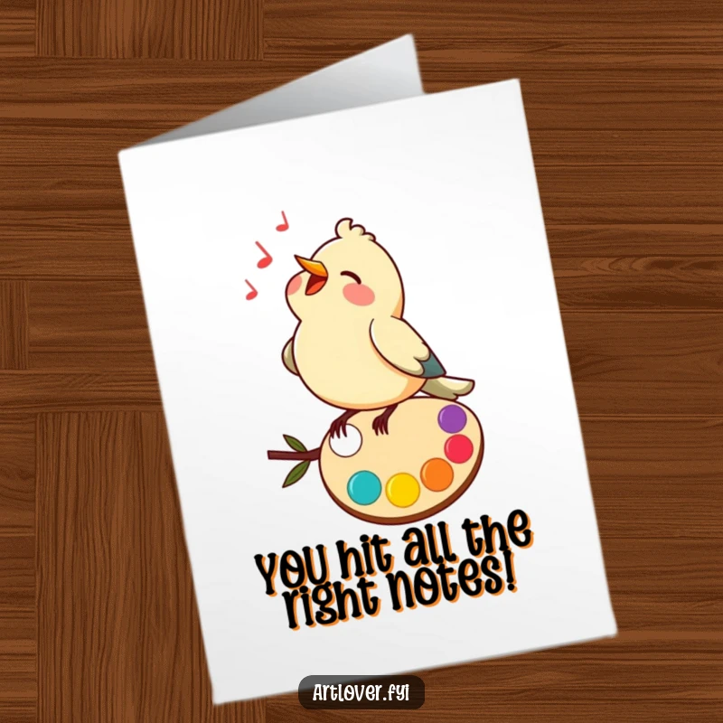 Free Printable Congratulations Card: A joyful bird serenading from atop a vibrant artist's palette, celebrating success.