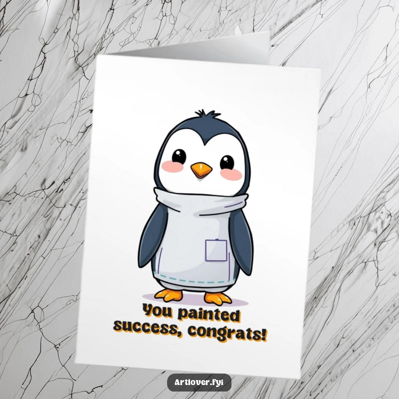 Funny Free Printable Congratulations Card: A cheerful penguin artist in a smock, holding a paintbrush, ready to celebrate major success.