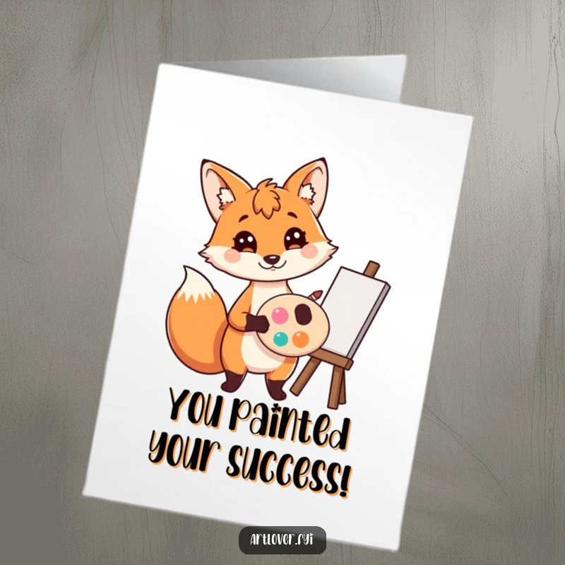 Funny Free Printable Fox Artist Card - A smiling fox artist holding a palette and brush, celebrating a successful creation.