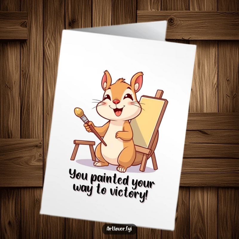 Funny Free Printable Congrats Card: Delighted squirrel artist holding paintbrush, celebrating achievements, print at home.