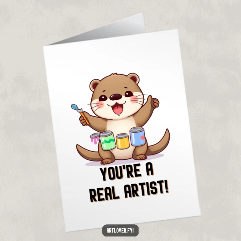 Funny Free Printable Congratulations Card of a delighted otter artist skillfully balancing paint cans.