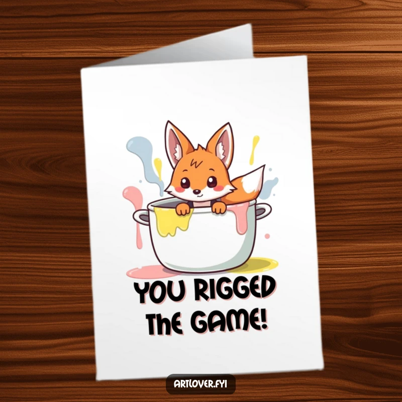 Funny Free Printable Congratulations Card: Curious fox peeking from a giant paint pot, celebrating a colorful success with a sly grin.