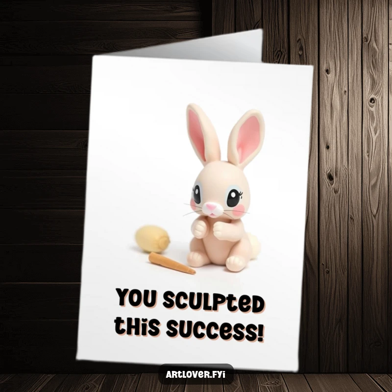 Free Printable Congratulations Card: A diligent rabbit meticulously sculpting a small clay figure with focused, intent eyes.