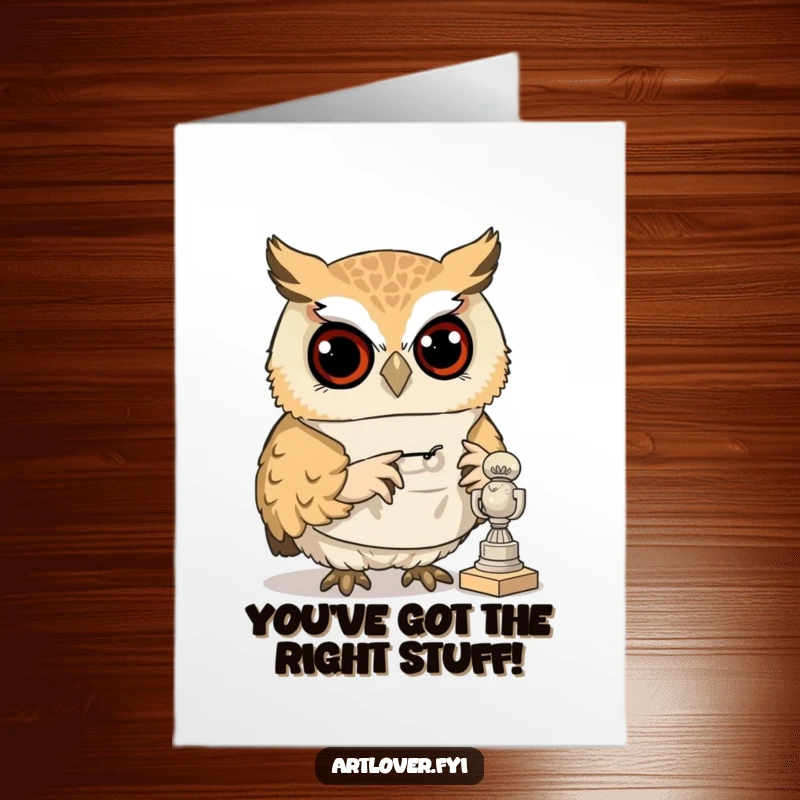 Funny Free Printable Congratulations Card: An owl wearing a smock examines a tiny sculpture, acknowledging success.