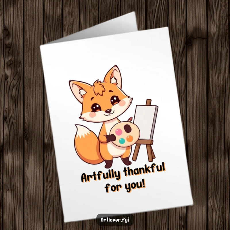 Funny Free Printable Fox Artist Card - A happy fox artist holding a palette and brush, offering thanks with a colorful flourish.