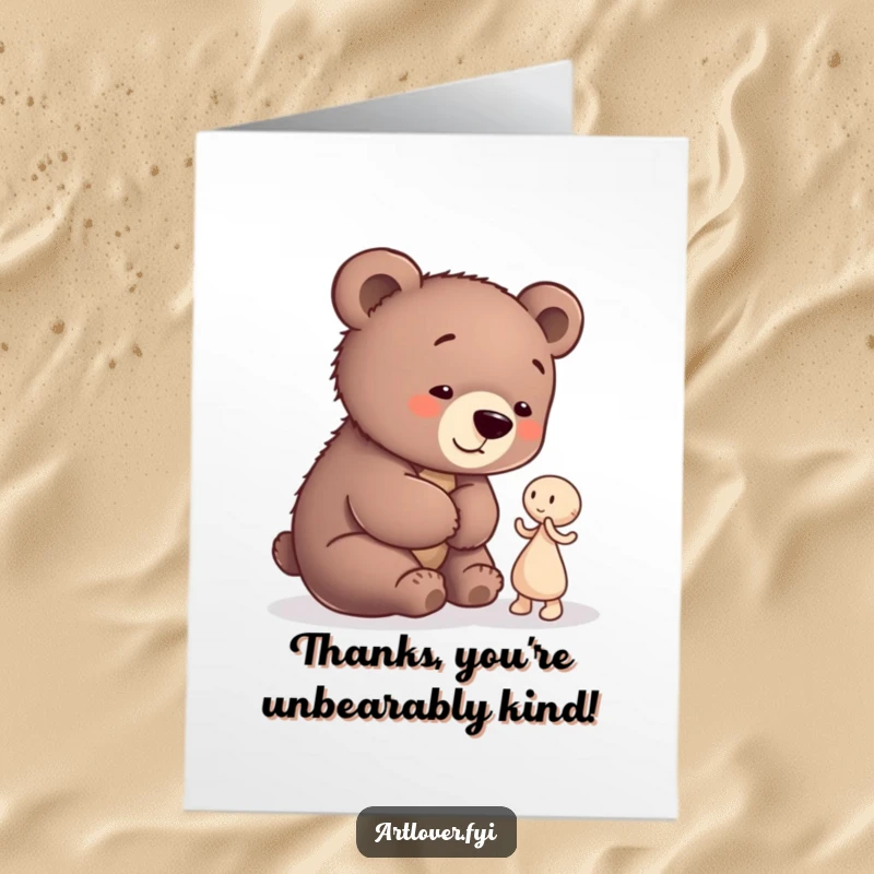 Funny Free Printable Bear Cub Artist Thank You Card: A playful bear cub looking up at a small abstract clay figure with thanks.