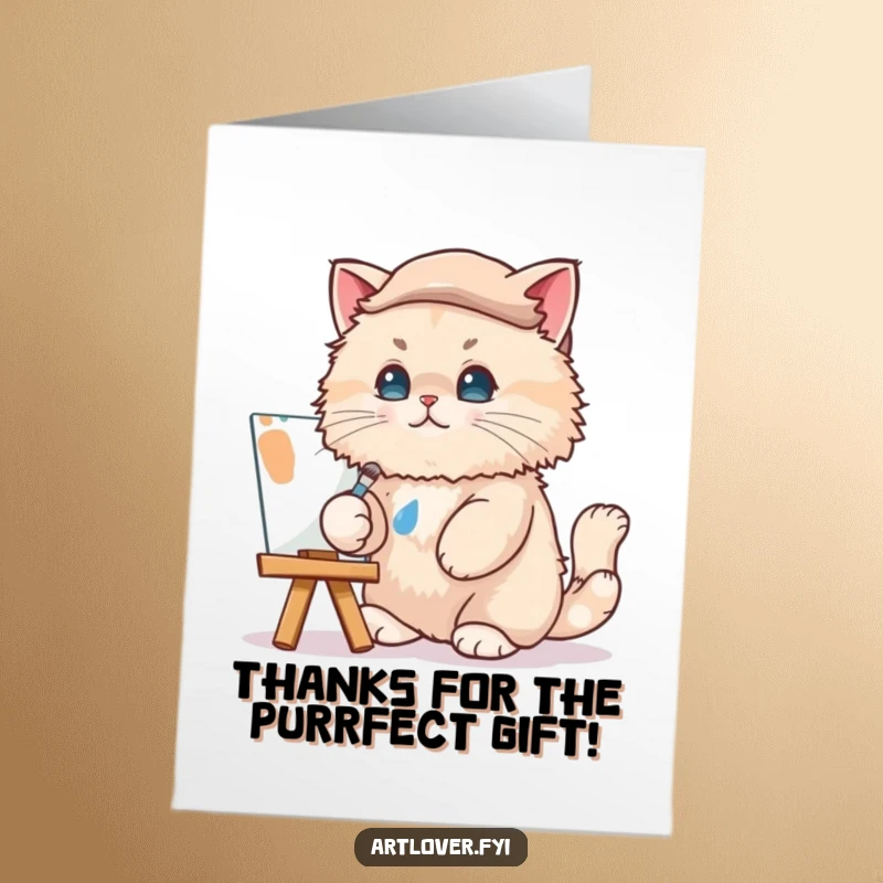 Funny Free Printable Cat Artist Thank You Card: A focused cat in a beret dabbing paint onto a canvas, conveying thanks.