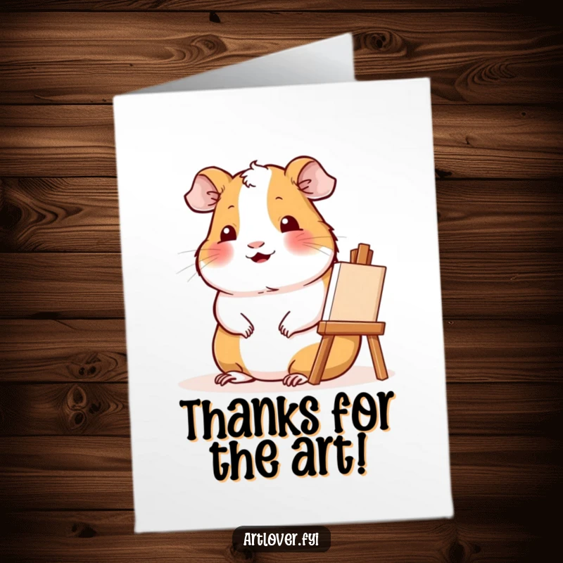 Funny Free Printable Thank You Card: Contented guinea pig sitting beside easel, smiling, painting a thank you message.