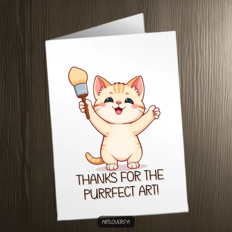 Funny Free Printable Thank You Card: A happy kitten artist proudly shows off their paintbrush, saying thanks with flair.